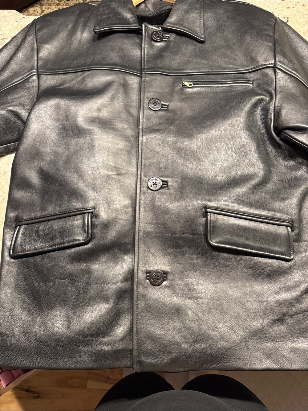 Men's Black Leather Button-Front Coat